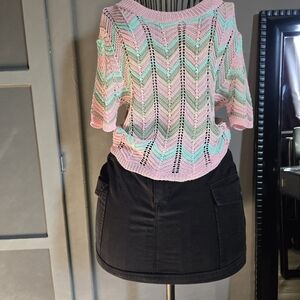 Chevron Knit Crew Neck Sweater - Pink and Green